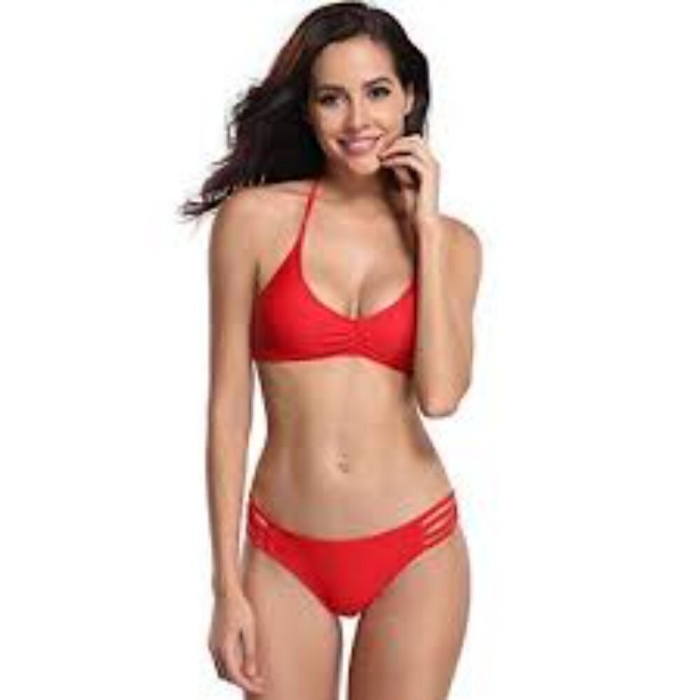 SHEKINI 2 Piece Bikini Women's size L Cherry Rose Red Strappy & Cheeky